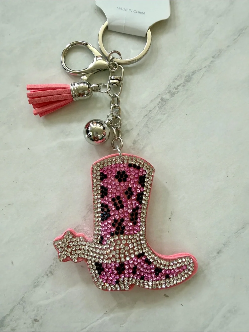 NWT Pink Leopard Rhinestone Cowgirl Boot Keychain & Bag Charm with Tassel